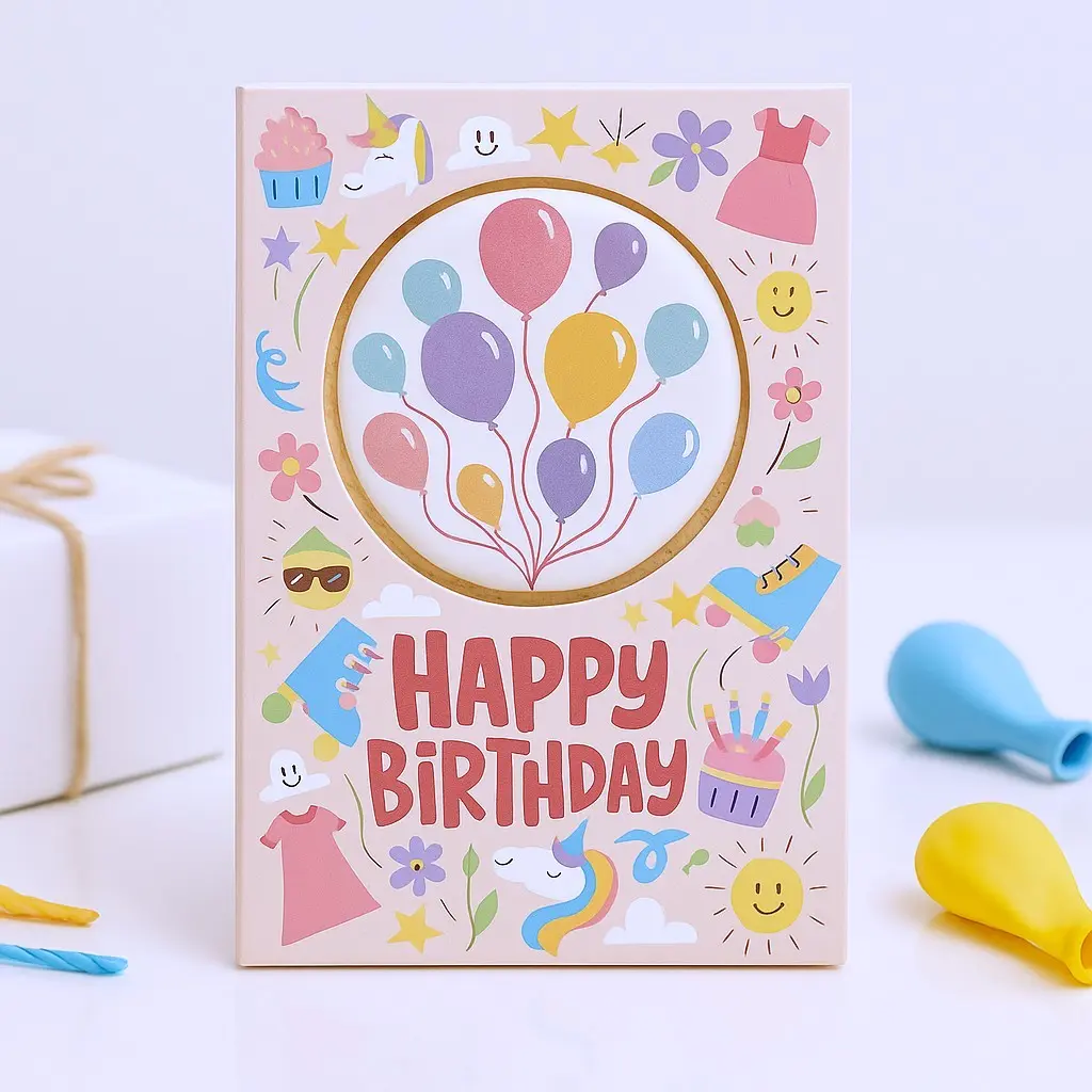 Happy Birthday Card with Colorful Balloons and Festive Designs Featuring Unicorn and Cupcake Motifs for Celebrations