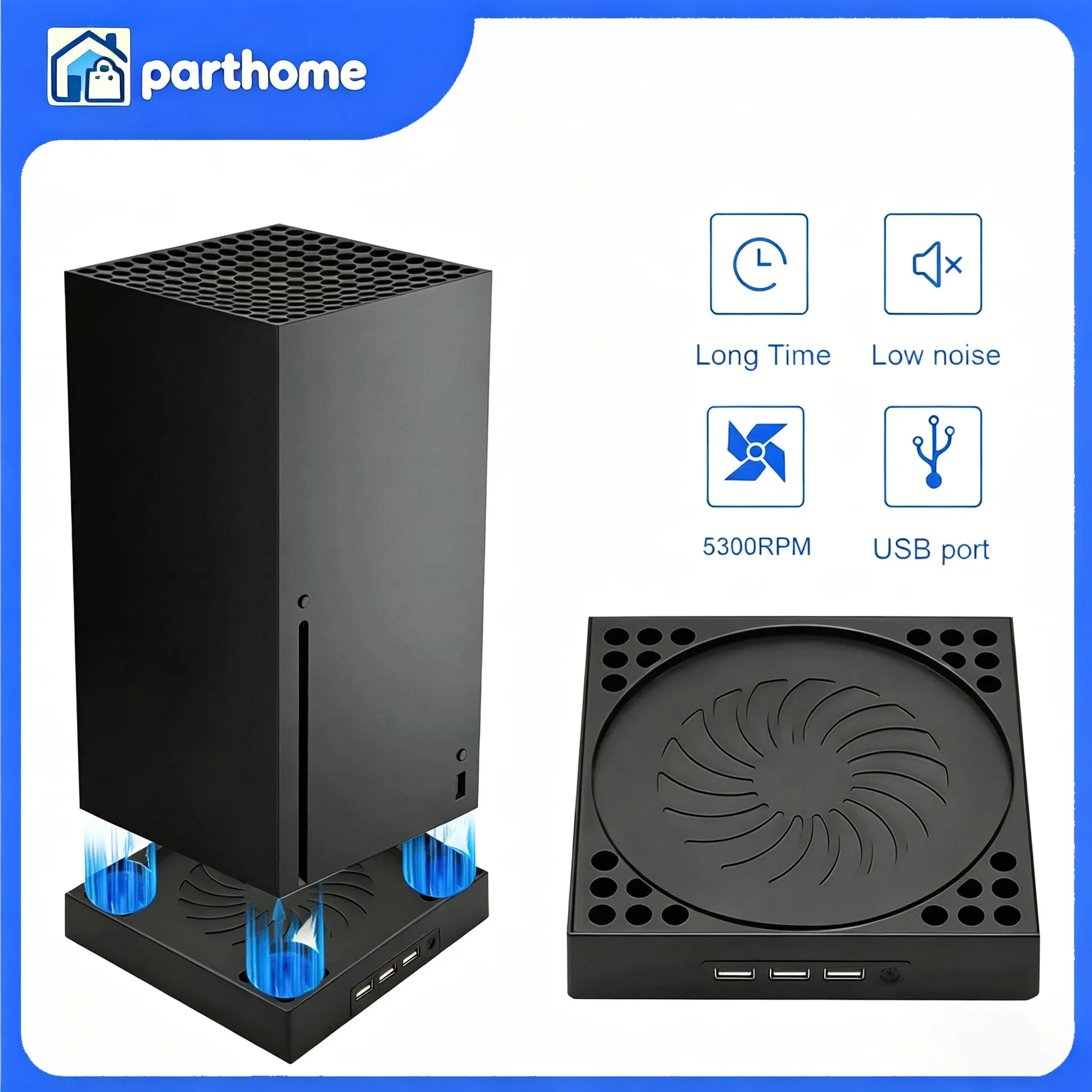 Xbox Series X Vertical Stand with Turbo Cooling Technology, USB-Powered Cooling Fan Gaming Items for Game Console Accessories
