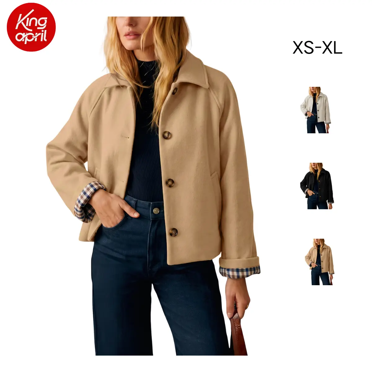Kingapril Women's 2026 Winter Cropped Pea Coat Wool Blend Short Jacket Checked Cuff Slim Fit Warm Outerwear