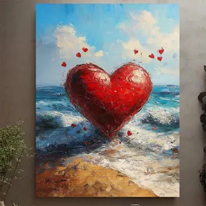 Heart-Shaped Wall Art with Frame - Vibrant Red Heart with Ocean and Sky Background, Perfect Valentine's Day Gift, Love-Themed Canvas Painting, Romantic Home Decor|Vivid Wall Art|wooden frame
