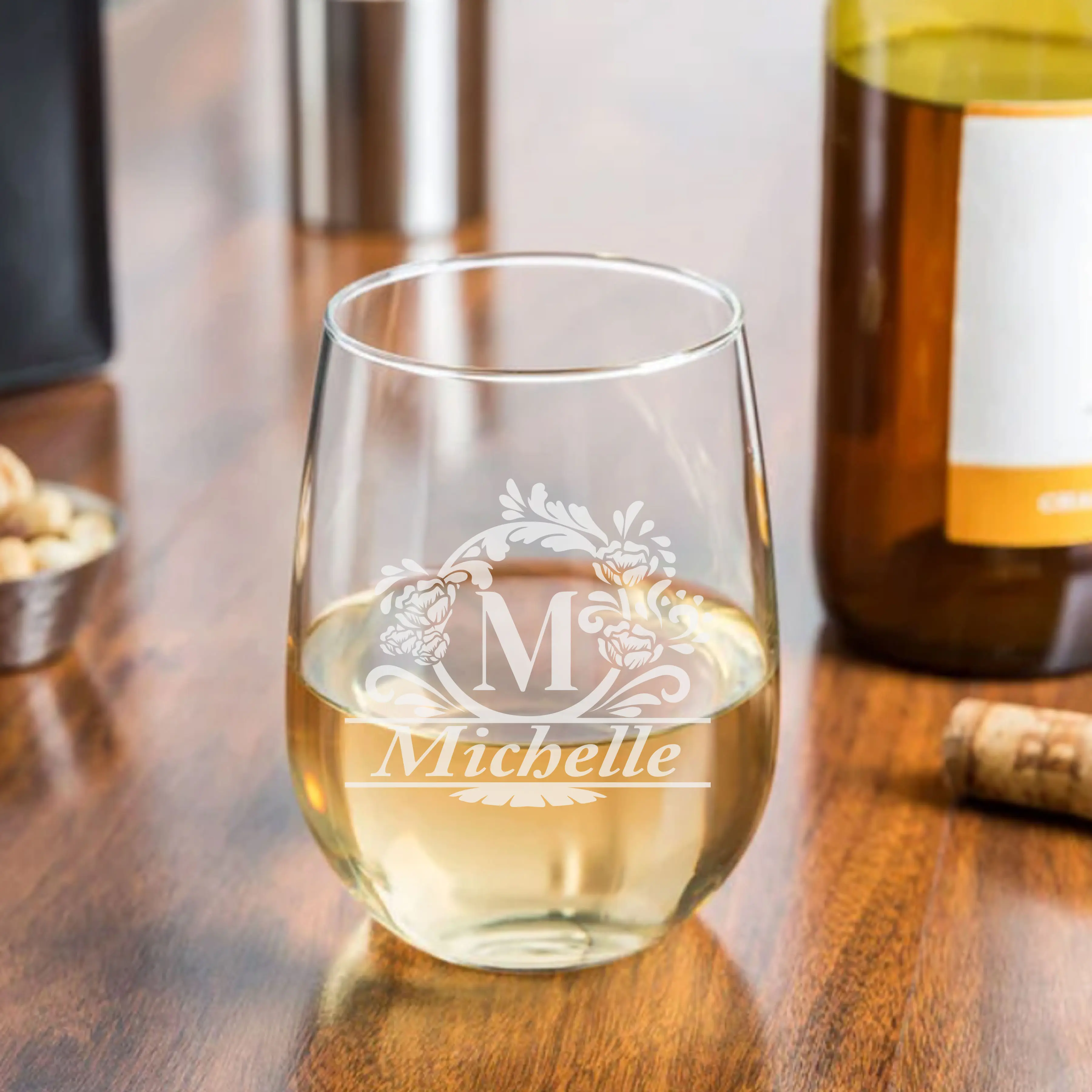Sip & Celebrate – Personalized 17 oz Stemless Wine Glass for Mom - Personalized 17 oz Stemless Wine Glass – Custom Name or Monogram – Mother’s Day Gift for Mom - Engraved Wine Glass for Her