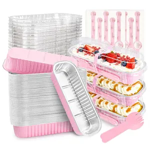 50 PACK Mini Cake Pans with Lids and Spoons,Rectangular Aluminum Foil Bread Pan,Mini Loaf Pans and Food Containers with Lids Mothers Day Gifts Party Favors(Pink,6.8oz)
