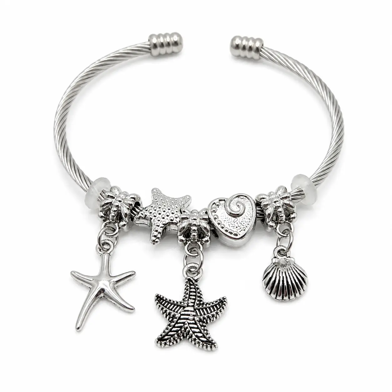 Women's Cuff Bracelet, Stainless Steel Twisted Cable Band with Ocean Themed Charms, Adjustable Coastal Jewelry for Daily Wear & Stacking, Ocean Themed Stuff, Beach