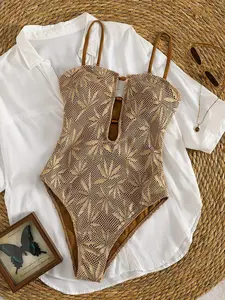 2026 Summer Crochet Leaf Brown One-Piece Swimsuit – Openwork Neckline with Wooden Bead Accents, Bohemian-Style Monokini Perfect for Beach Vacations and Pool Parties – SummerVibes