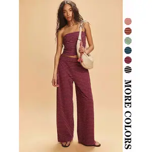 Women's striped printed crop top and wide leg pants set, street fashion casual two-piece set, suitable for daily wear, women's summer clothes, cute summer clothesRAIMENTRY