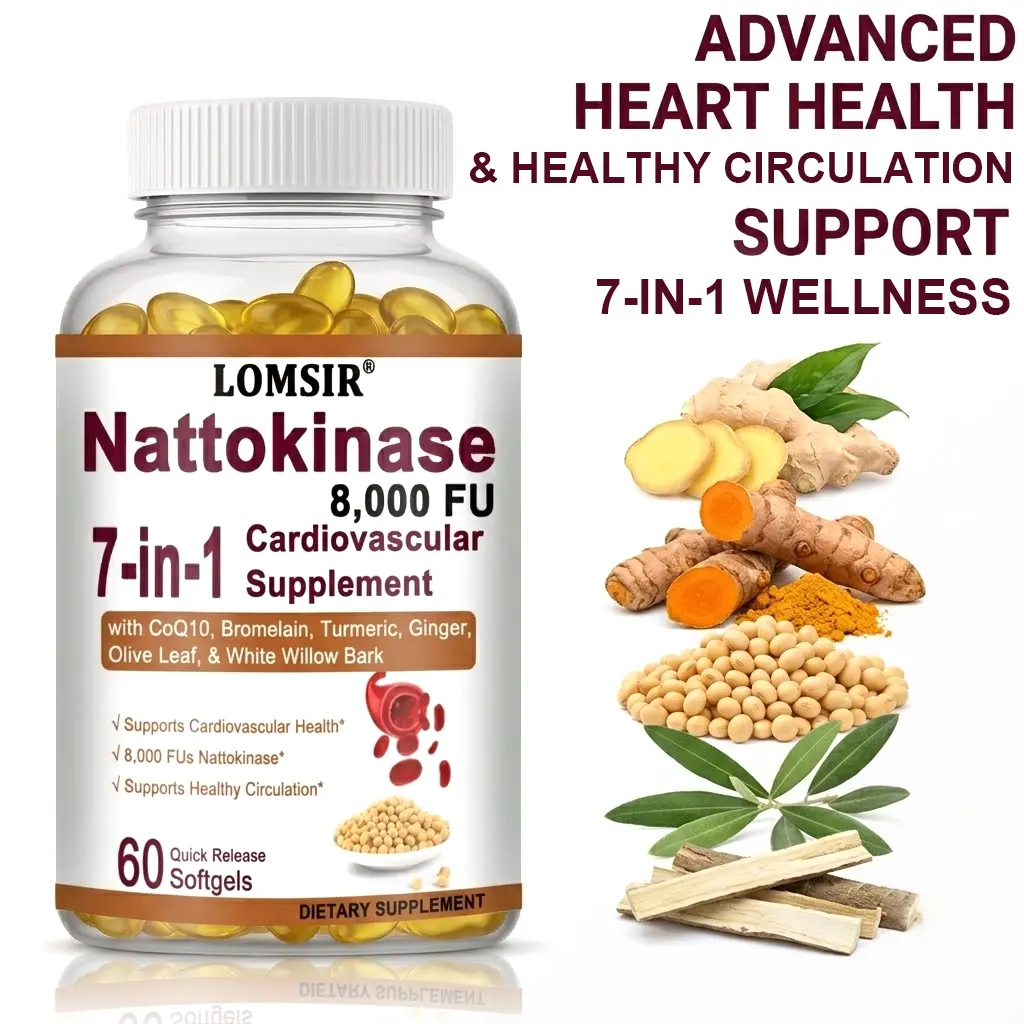 Nattokinase 8000 FU,  7-in-1 Heart Health & Blood Circulation Supplement with CoQ10, Bromelain, Turmeric, Ginger, Olive Leaf, White Willow Bark - Cardiovascular Support, 60 Softgels