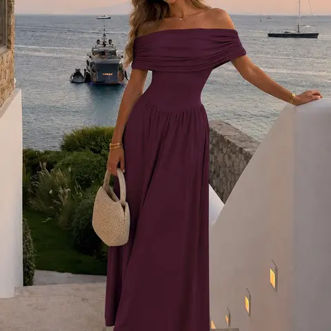 AISIZE A5605 Women's Off Shoulder Long Dress Casual Summer Dress with Pockets Soft Stretch Flowy Long Dress for Vacation Brunch Date Night Maxi Womenswear