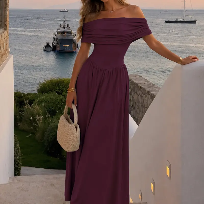 AISIZE A5605 Women's Off Shoulder Long Dress Casual Summer Dress with Pockets Soft Stretch Flowy Long Dress for Vacation Brunch Date Night Maxi Womenswear