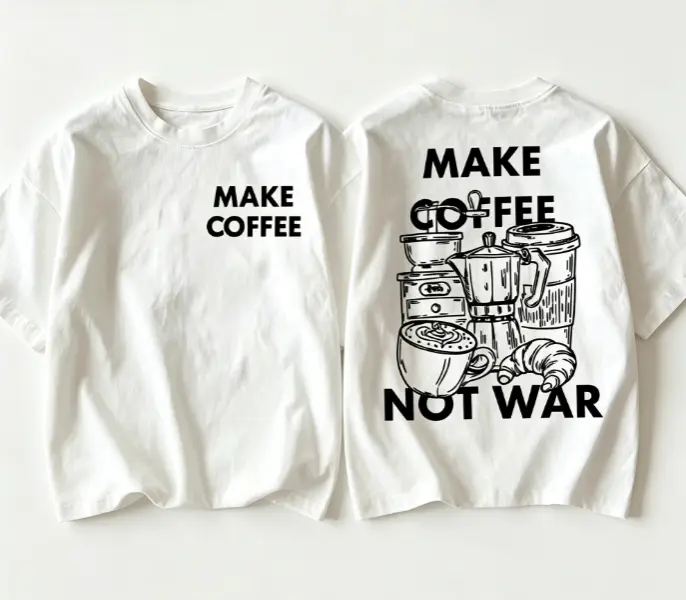 Double-sided Print Casual Women's Top, Hand-painted Style, Coffee Utensils, "MAKE COFFEE NOT WAR" Print, Round Neck Pure Short-sleeve T-shirt