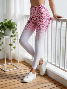 One-piece sweet and cool, spicy girl style gradient pink and white leopard print personalized fitness pants, high-waisted and high-elasticity sports yoga pants