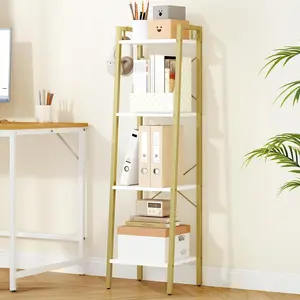 Ladder Shelf, Bookshelf Bookcase, Freestanding Corner Storage Shelve with 2 Hooks for Home Office, Living Room, Kitchen, Bedroom, Industrial, 4-Tier White  BC13213G