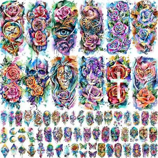 Women's 65-Sheet Waterproof Removable Watercolor Temporary Tattoo Kit - 3.8"x2.2" Multi-Size FDA Certified, Floral, Sunflower, Rose, Gothic Skull Sleeve, Butterfly, Funky Designs, For Gym, Halloween, Party Favor, All Skin Types, Fashion Body Art