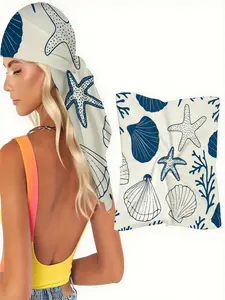 1pc Nautical Starfish & Seashell Print Scarf for Women, Soft Lightweight Square Wrap for Head, Hair & Neck, Coastal Summer Style