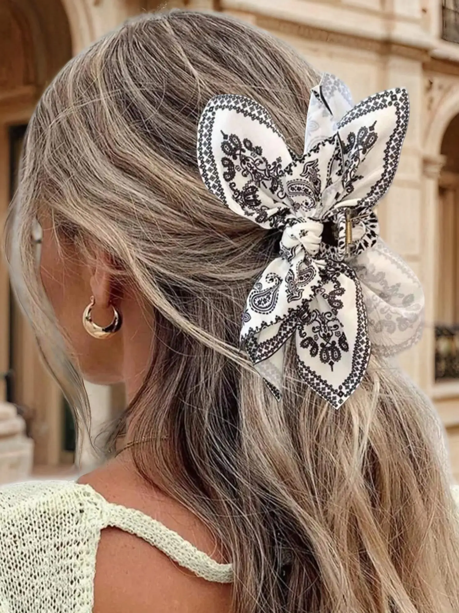Women's Boho Style Paisley Pattern Bowknot Design Hair Claw, White Ponytail Claw Clip, Vintage Trendy Flower Hair Claw Clip Extensions, Fashionable Hair Accessories for Women & Girls, Elegant Pastel Bow, Flower Hair Clips, Hair Decor