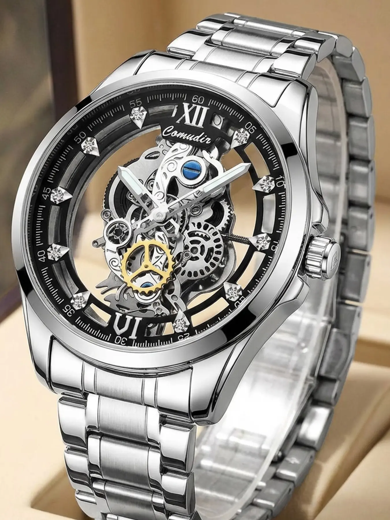 Men's Silver Color Steel Strap Dual-Sided Transparent Sporty Casual Business Watch, Quartz Wristwatch, Analog Round Face, Alloy Case, Modern Watches