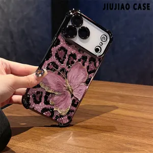 Purple leopard print and butterflies Pattern four-corner drop-proof TPU phone case for iPhone 17 Pro Max Air 16 Pro Max 15 14 13 12 11 Plus Simple and stylish camera protection Shockproof Anti-Drop Durable Phone Case