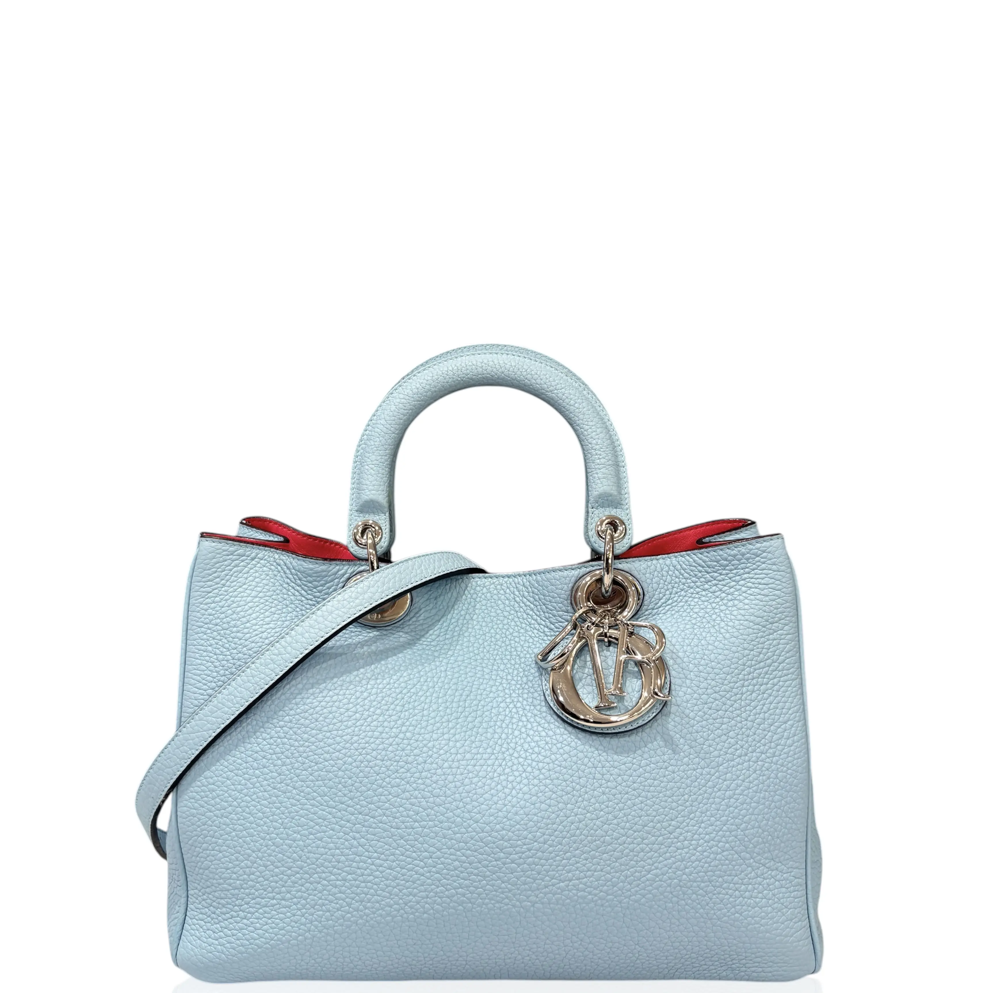 Pre-owned Dior Leather tote bags Medium Diorissimo Tote Hammered Calfskin Light Blue Fuchsia (ag040726a0)