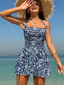 Women's Boho Style Tankini Set, Sleeveless Ruched Design, Natural Waist Shorts & Top, Paisley Pattern, Wireless Comfort, Halter Top Swimwear, Tankini With Shorts