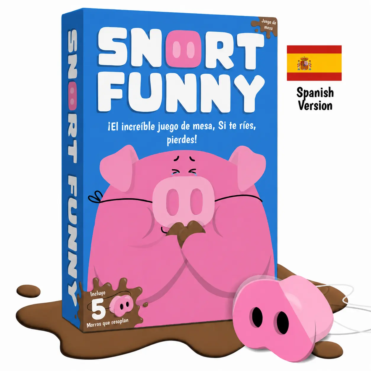 Snort Funny Spanish Version – The Oinkcredible You Laugh You Lose Party Game Now in Spanish | Family Games for Kids and Adults | 150 Challenge Cards, 5 Pig Snouts & Mud Tokens | Funny Games for Friend & Family, 4-8 Players, Ages 8+