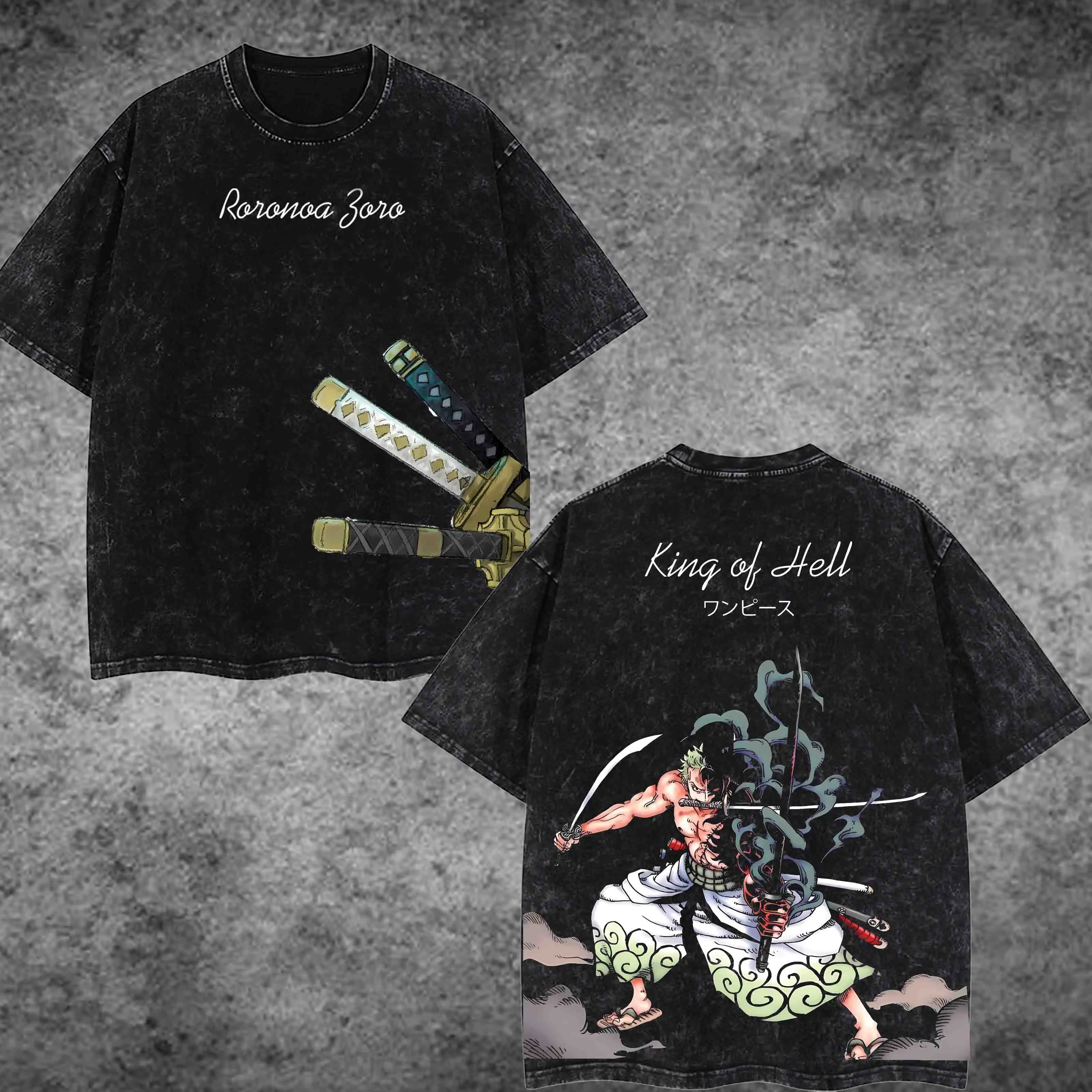 Zoro Washed Tee - One Piece Oversized Double Sided Anime Graphic T