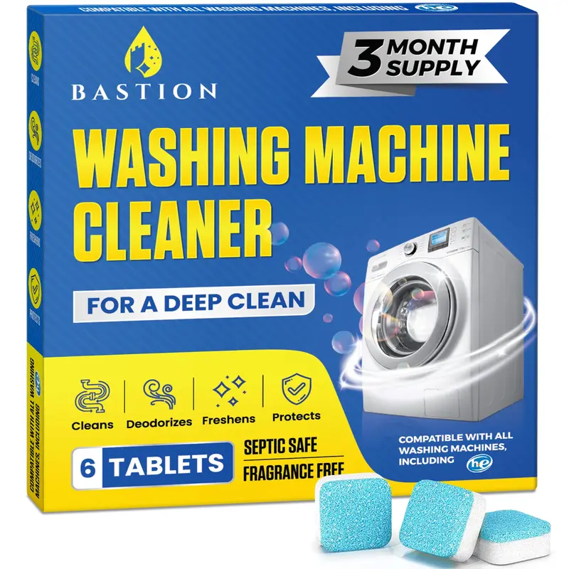 Bastion Household Washing Machine Cleaner, Deodorizer & Descaler 6-Pack - 3-Month Cleaning Supply Wash Supplies Stain Odor Eliminator