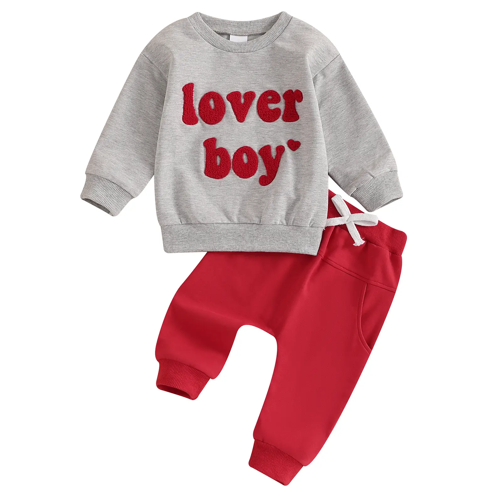 Toddler Baby Boy Valentine's Day Outfit Lover Boy Embroidery Letter Sweatshirt Pullover Tops Jogger Pants Clothes