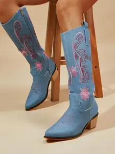 Women's Fashionable Floral Embroidery Design Cowboy Boots, Boho Style Pointed Toe Cuban Heel Embroidered Boots, Cowboy Cowgirl Boots, Western Cowboy Boots for Daily Wear, Fashion Shoes for Party, Daily Clothing Decor