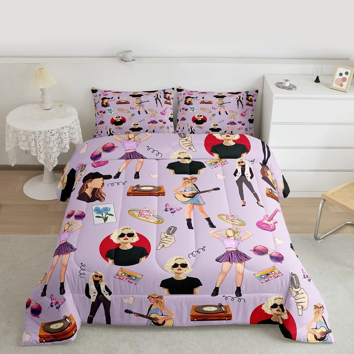 Feelyou Geometric Modern Guitar-Themed 3D Digital Print Microfiber Bedding Quilt Set - Soft, Breathable Multi-Size Comfy Bedspread Set for Modern Bedrooms, Purple Decor Gift for Women Music Lovers