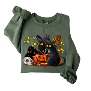 Black Cat Halloween Crewneck Sweatshirt, Cute Spooky Pumpkin Graphic Pullover