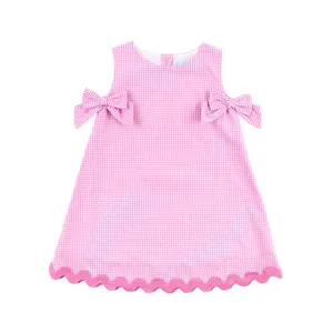 Light Pink Gingham Eleanor Dress - Cute Girls Outfit with Bows & Ric Rac Trim