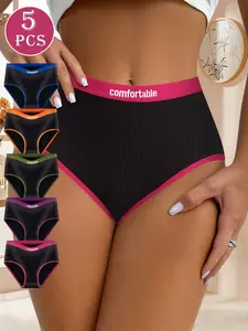 5PCS Women’s High-Waisted Colorblock Brief Panty Set, Soft, Stretchable, Breathable Underwear, Comfortable Full Coverage Everyday Lingerie for Work, Travel, Sleep, and Lounging