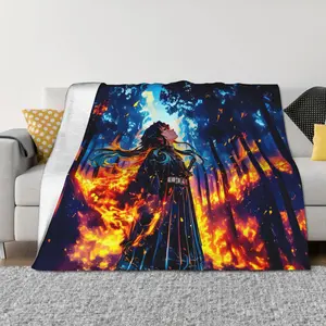 Demon Slayer Muichiro Tokito Flannel Blanket - Stunning Anime Art with Fiery Forest & Mist Hashira Scene, Ultra-Soft Cozy Throw for Bed Couch, Ideal Gift for Demon Slayer Enthusiasts