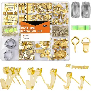 303Pcs Picture Hanging Kit, Picture Hangers Assorted Kit with Heavy Duty Picture Hanging Hooks/Hardware Nails/Sawtooth/Wire/D Rings/Level, Metal Picture Wall Hooks for Frame Canvas Mounting