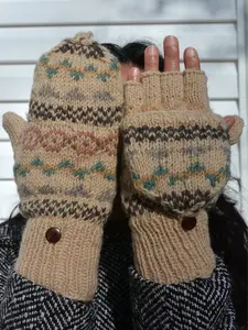 Beige Namche Hand Knit Convertible Mitten, winter gloves with Fleece Lining, Comfy and Warm.