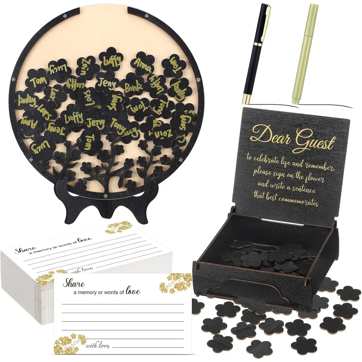 Wooden Funeral Guest Book Set - Memorial Service Gift with Share a Memory/Words of Love Cards, Pen, Forget Me Not Flower Table Sign