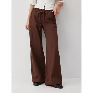 Cider Washed Denim Low Rise Drawstring Wide Leg Jeans