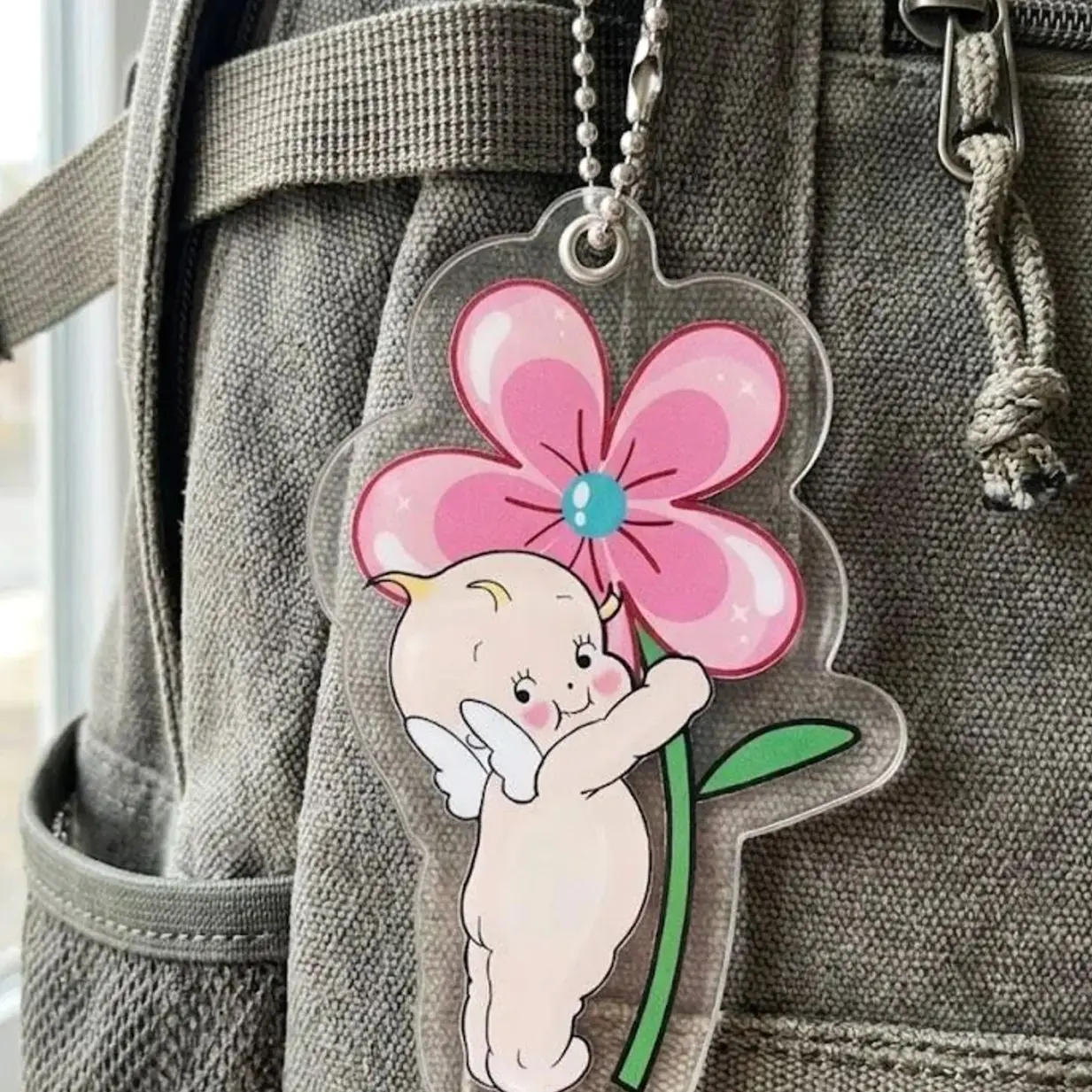 Kewpie Flower Acrylic Keychain, Pink Floral Bag Charm, Kawaii Angel Keyring