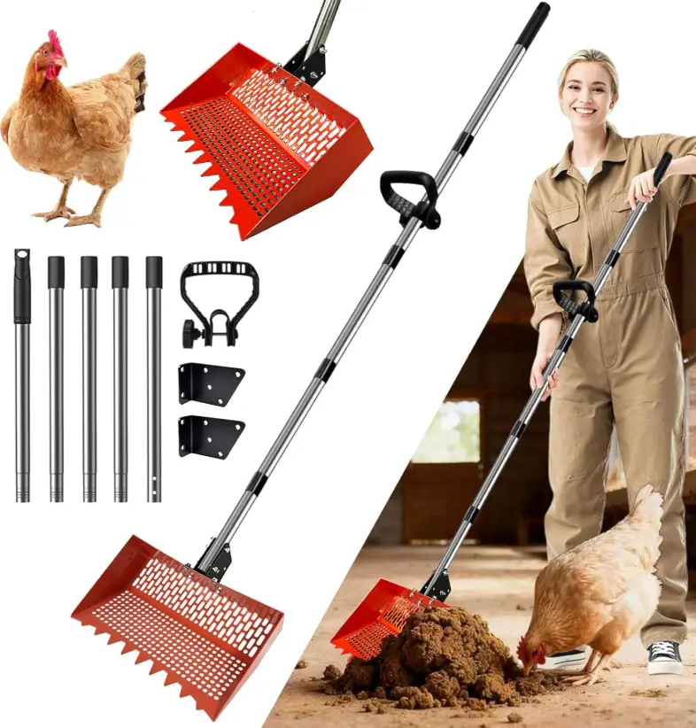 Chicken Coop Scoop (22 to 75") Chicken Coop Rake and Scoop with Grip 5 Section Extra Long Handle Chicken Pooper Scooper for Sand Metal Chicken Cleaning Tools Livestock Rake