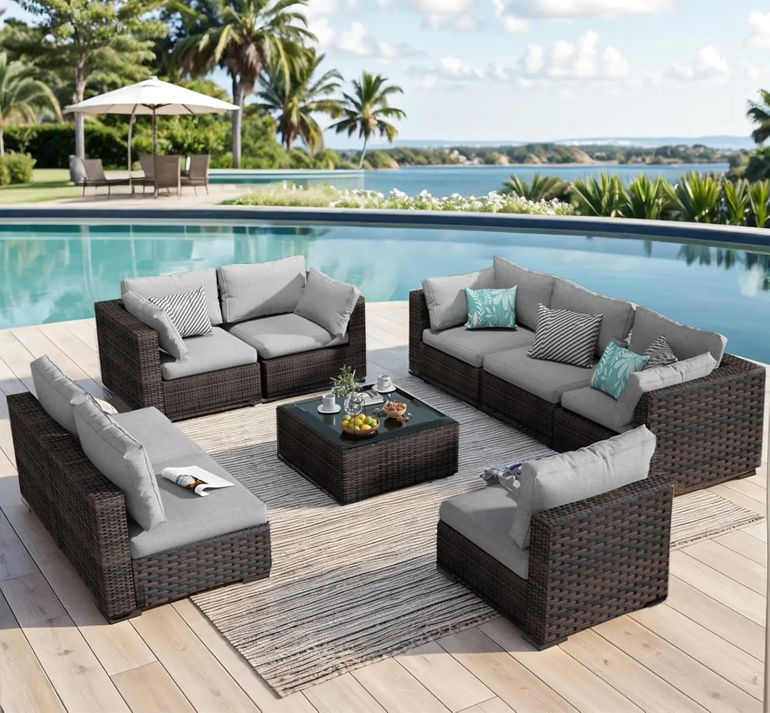 Summerwins 9-Piece All-Weather PE Rattan Patio Conversation Set, Sturdy Waterproof Stable Rust-Resistant Outdoor Sectional Sofa Couch with No-Slip Cushions, Glass Top Table, Assembly-Required Home Essentials for Backyard, Balcony, Storage