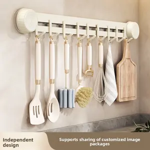 Kitchen Hooks No Drill Suction Cup Hooks Spoon Spatula Strainer Wall Mount Hanging Rail Home Cabinet Storage Organizer
