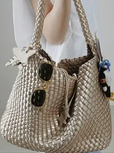 Women's Large Capacity Woven Tote Bag, High-End Handheld Shoulder Bucket Bag, Striped Boho Style, All Seasons Satchel, Elegant Commuter Bag