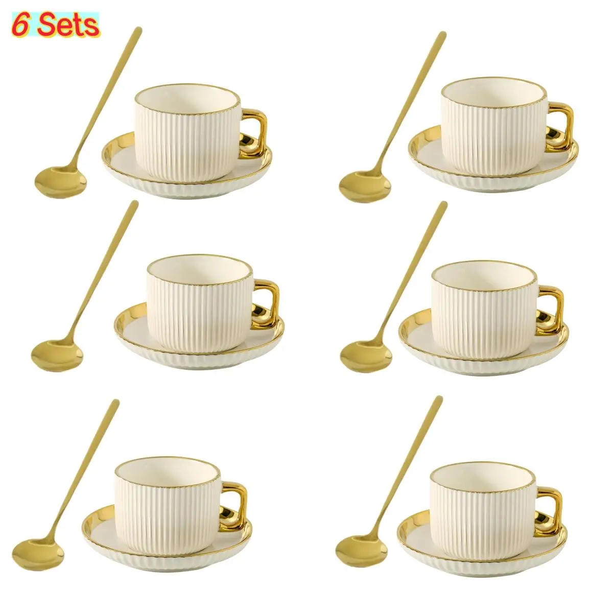 Ceramic Coffee Cup & Saucer & Spoon Set, 6 Sets Exquisite Elegant Coffee Cup Set, Drinking Supplies for Home Office Use, Drinkware, Drinking Tea Cup, Coffee Cups Gift
