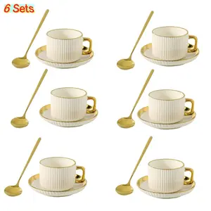 Ceramic Coffee Cup & Saucer & Spoon Set, 6 Sets Exquisite Elegant Coffee Cup Set, Drinking Supplies for Home Office Use, Drinkware, Drinking Tea Cup