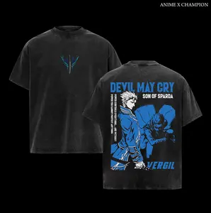 Devil May Cry Vergil x Dante Vintage Washed Oversized Tee | Retro DMC Brothers Graphic T-Shirt | Classic Washed Streetwear For Action Game Fans | Soft Cotton Gamer Apparel