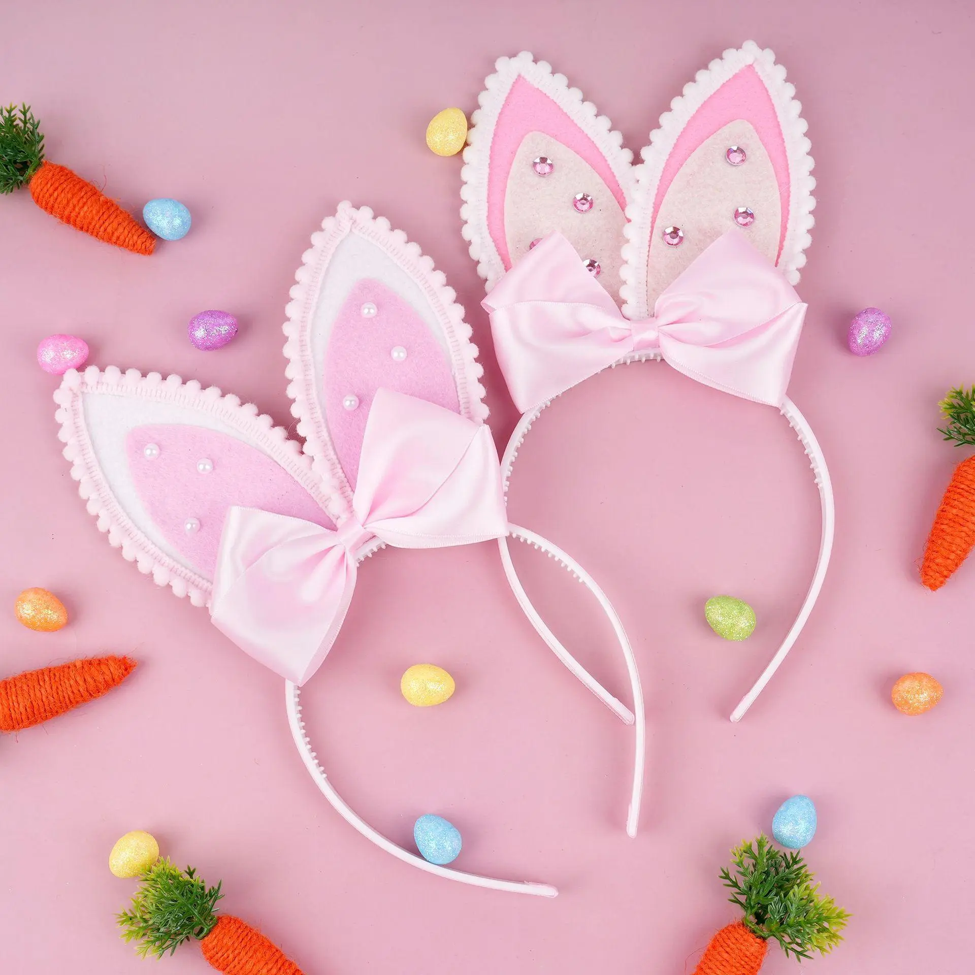New Easter bunny ear headband with pink bow hair accessory for children's party photo decoration props