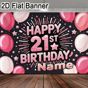 2D flat banner, 1pc21st Birthday Party Backdrop, Happy 21st Birthday Banner with Pink White Balloons Stars Decor for 21st Celebration, Vibrant Festive Birthday Decorations, Wall Hanging Backdrop