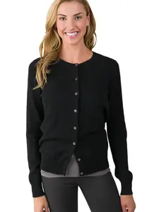 JENNIE LIU Women's Pure 100% Cashmere Long Sleeve Crewneck Button Front Cardigan Sweater | Button Down | Cardigan Sweaters for Women | Cashmere Cardigans with Shell Buttons | Ultra Soft and Cozy | Finest Inner Mongolian Cashmere | Color: Black