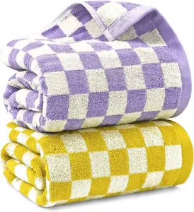 Checkered Bath Towel Set in Yellow and Lilac, Soft Large Shower Towels Bathroom 2 Pack 55 x 27.5, Thin Quick Drying for Beach Pool Swim