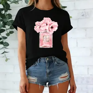 Women's Floral Print T-Shirt Paris Flower Design Casual Crew Neck Short Sleeve Top Cotton Knit Fabric - All Season Wear vintage graphic tees womens clothing tiktok shop Black Rose Floral Crew Neck T-Shirt cute