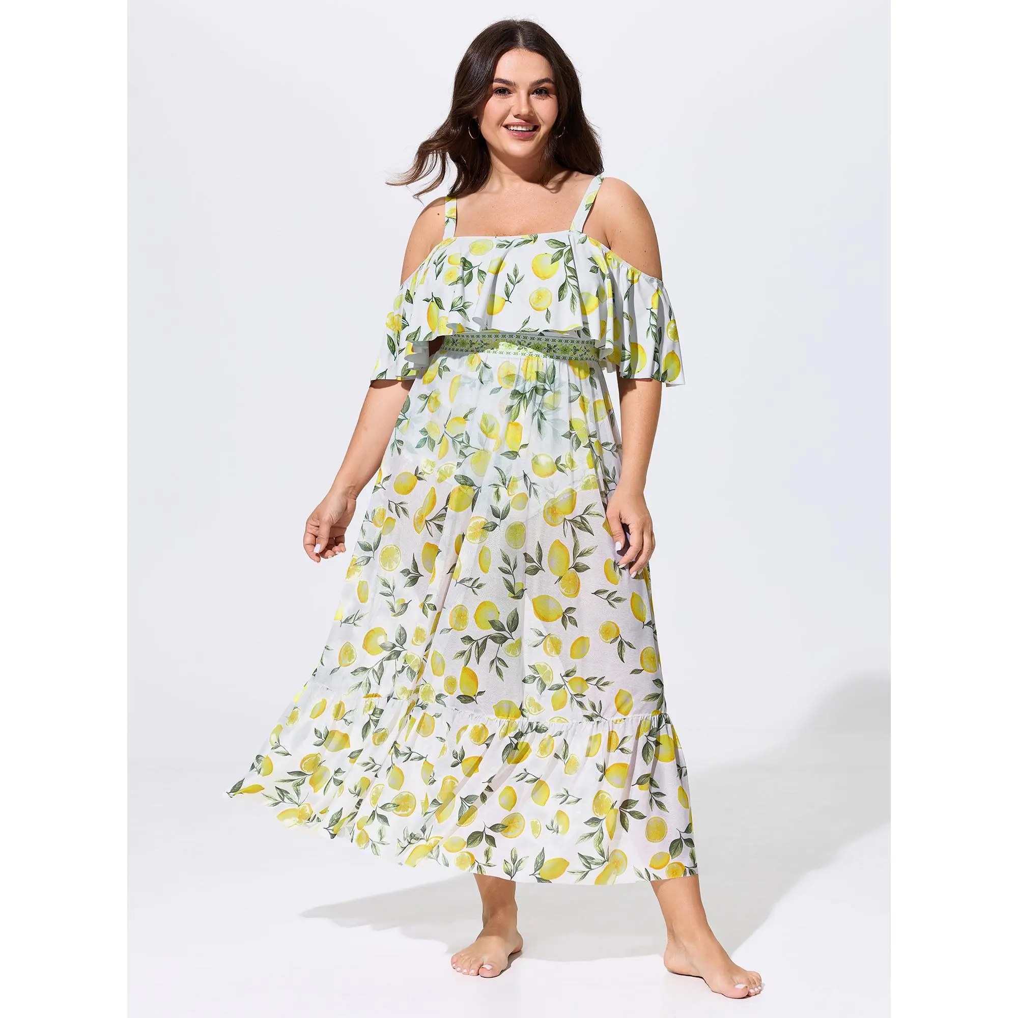 BLOOMCHIC Plus Size Sarong Set Lemon Print One-Piece Swimsuit,Summerfinds